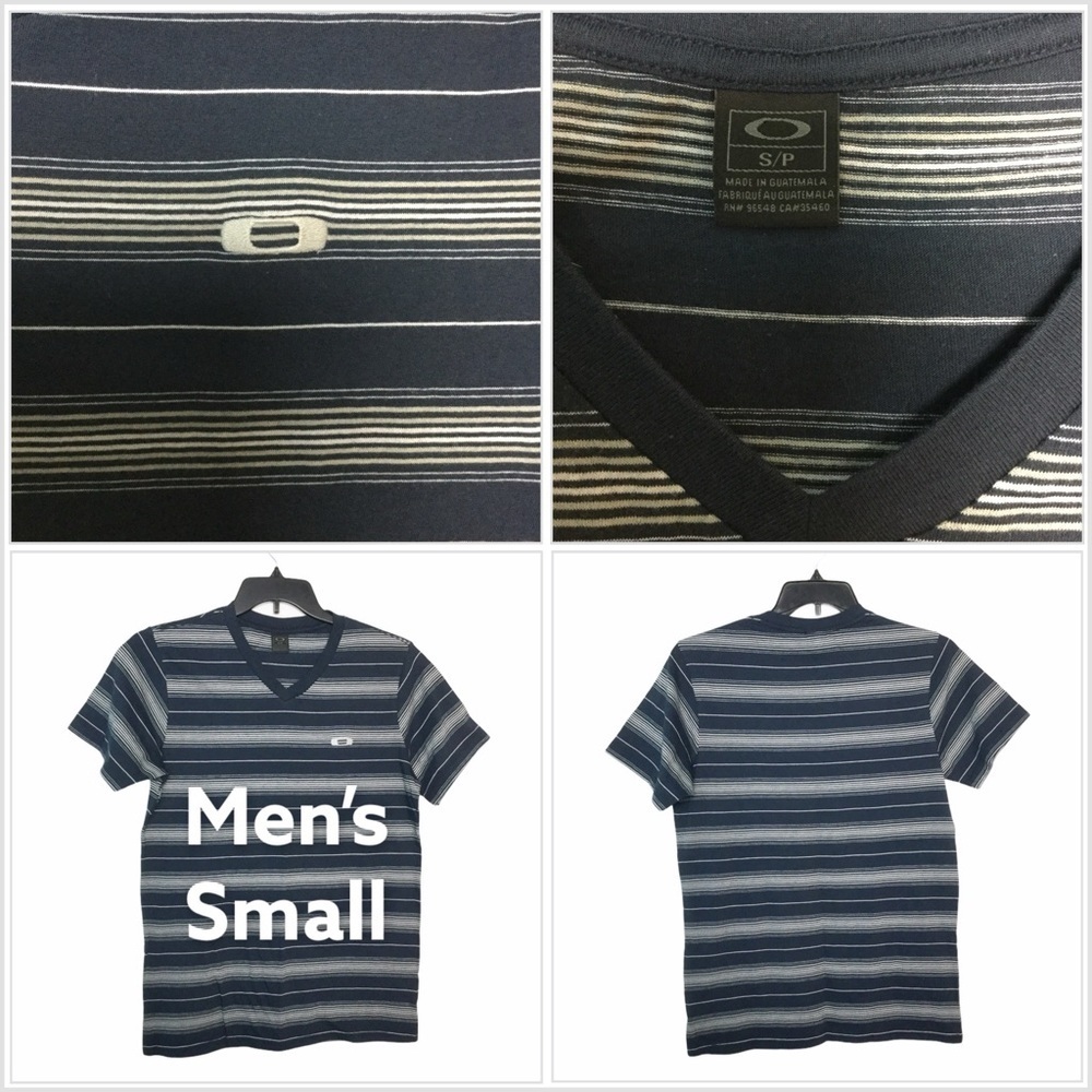 Men' Oakley S Small 34 - 36 V-Neck T-Shirt Top Striped Blue Gray Short Sleeve